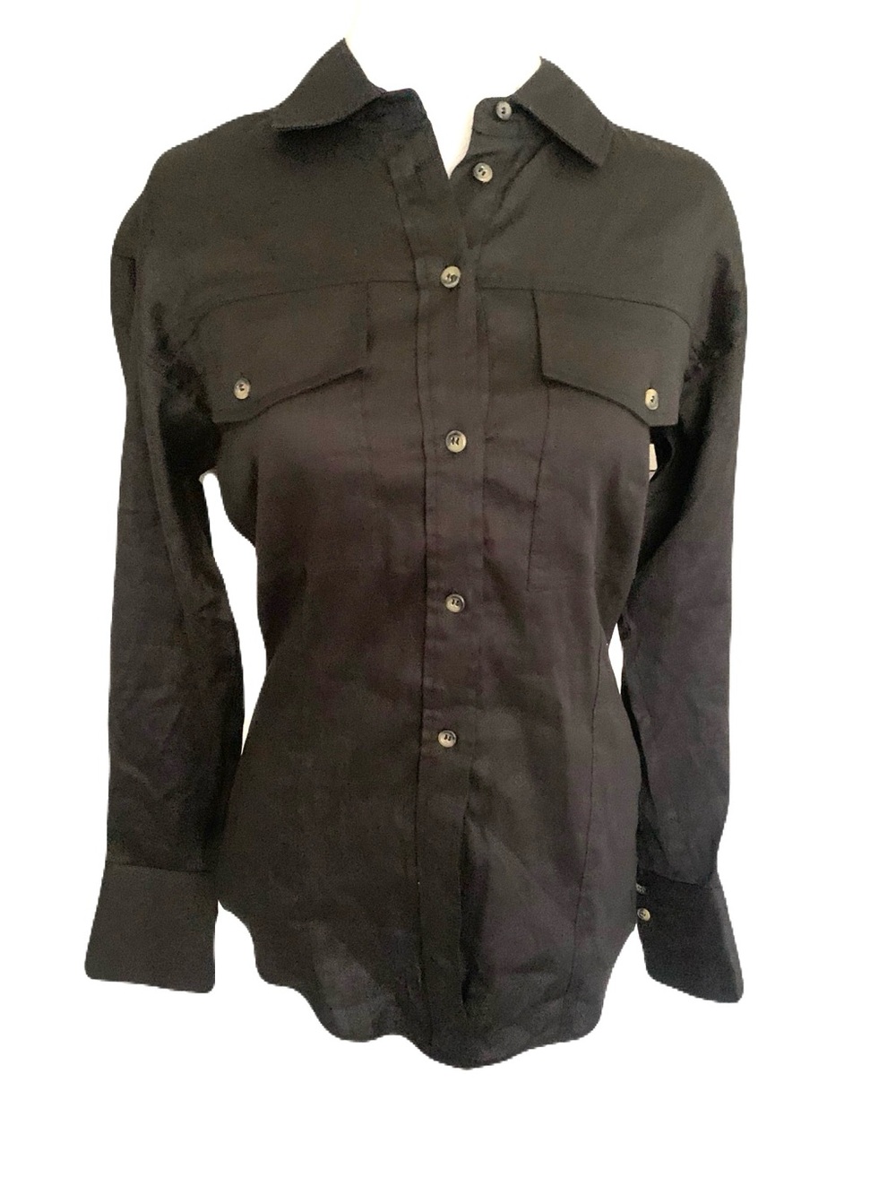NWT Frame Denim Small Black Button-Down Linen Blend Utility Shirt Minimalist